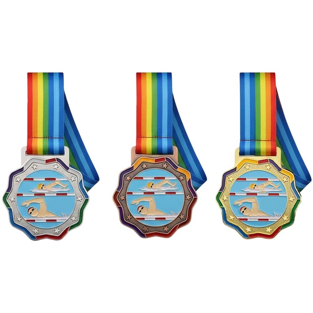 Stakee 3pcs Swimming Award Medals Set with Ribbon Gold Silver Medal Sports Commemorative Medal for Sports Competitions