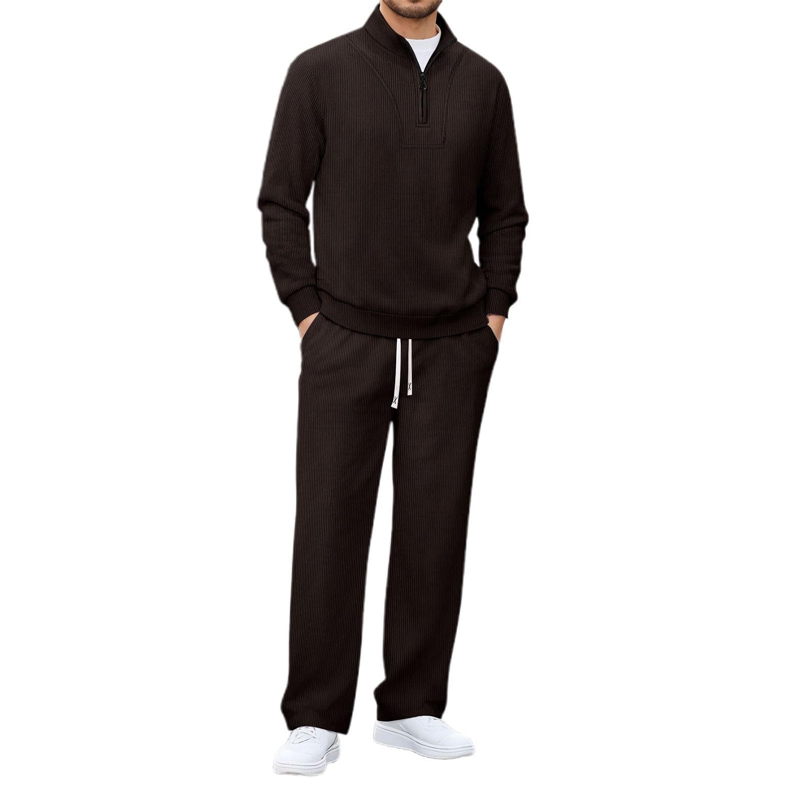 Tuta per il tempo libero da uomo, da jogging, con corda, tuta sportiva in tinta unita, con cerniera a 1/4, con colletto alto, felpe e pantaloni in velluto a coste, per uomini
