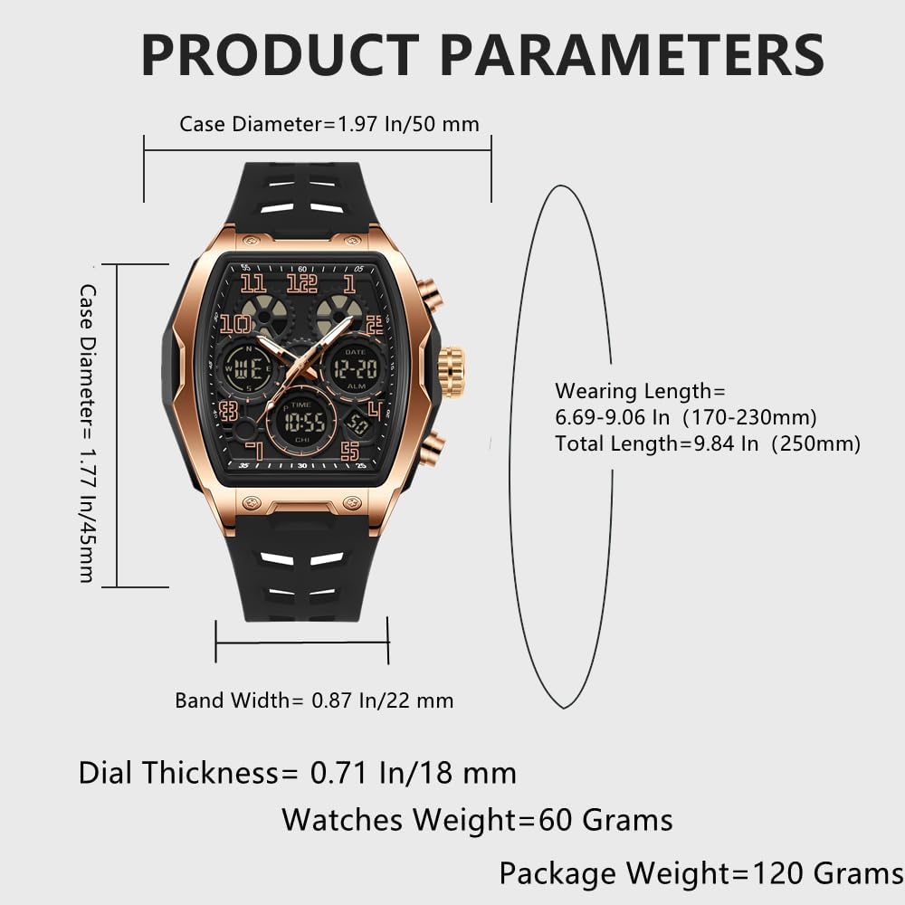 Mens Watches for Men Unique Rectangle Watches Military Digital Analog Sports Outdoor Watch White Wristwatch with Alarm,Stopwatch,Countdown,Hourly Chime,Luminous and Waterproof Multi-Function Watch - Image 2