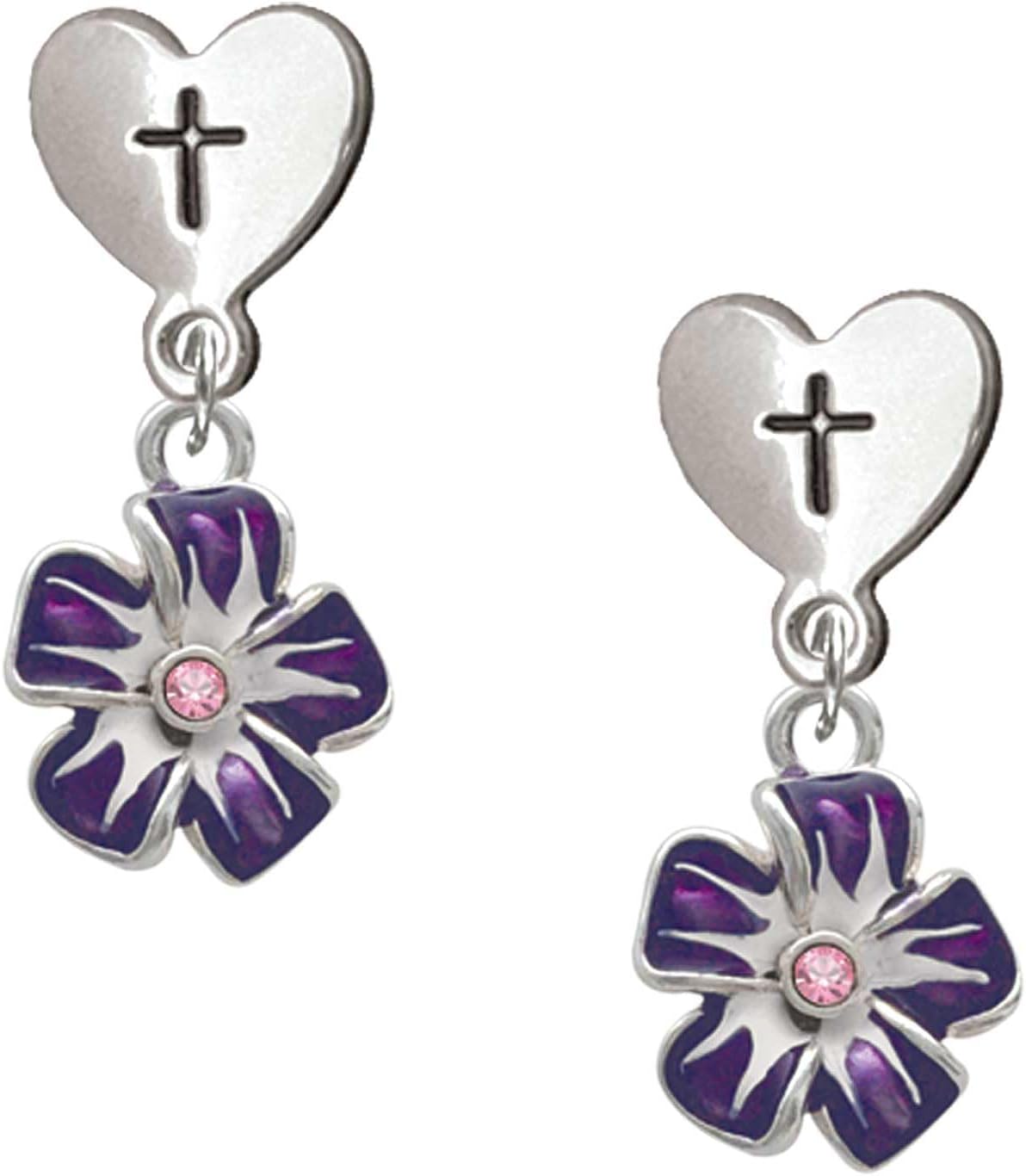 Delight Jewelry Silvertone Purple and White African Violet Flower Cross in Heart Post Dangle Earrings