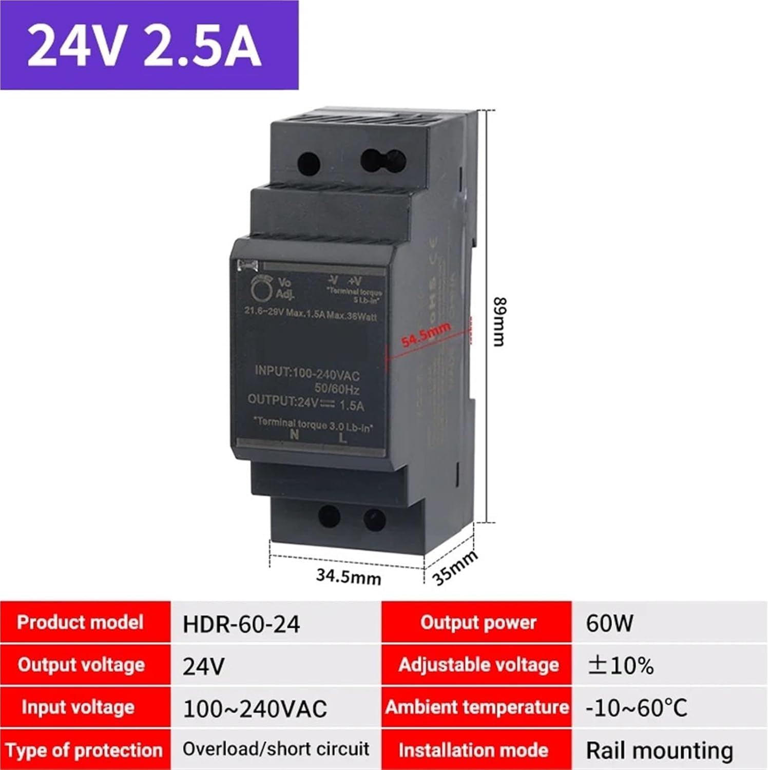 Power Source HDR-30 HDR-60 HDR-100 DIN Rail Switching Power Supply Input AC to DC 5V 12V 15V 24V 48V Single Output 2A 3A 4A 5A(HDR-60-24)
