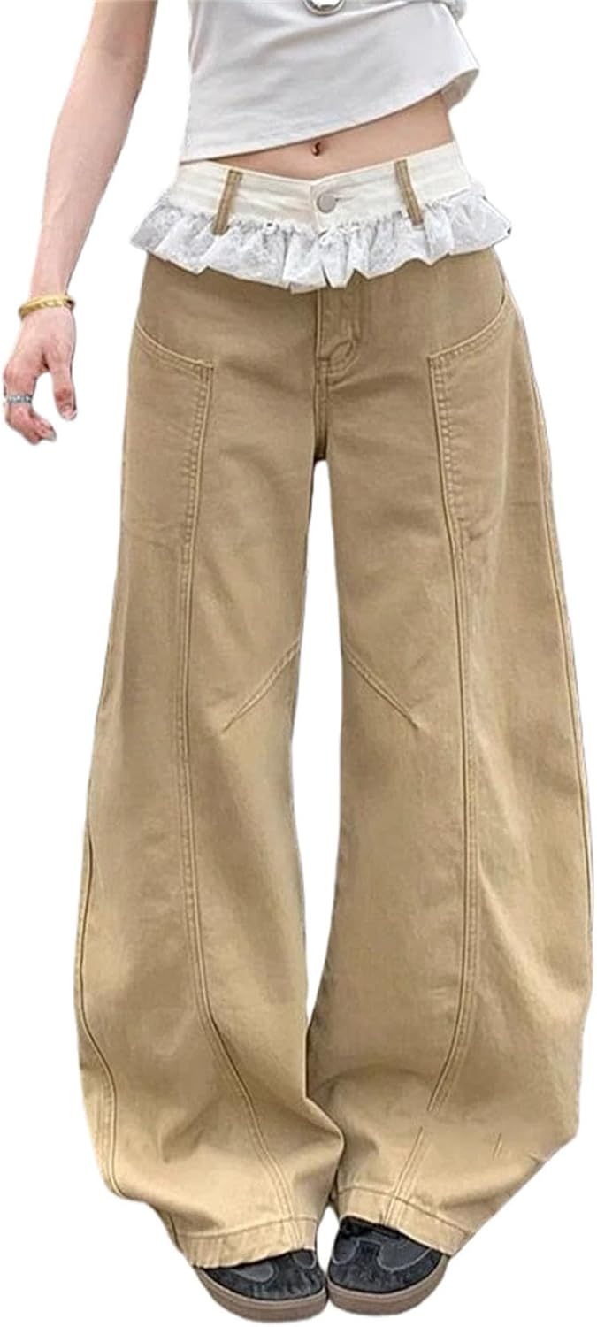 Women Y2K Boho High Waist Jeans Pants - Lace Trim Loose Wide Leg Lounge Baggy Gothic Style for Teacher and Dance