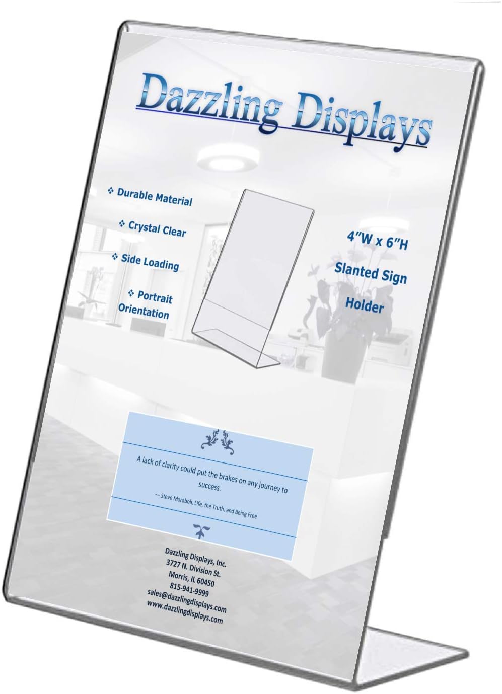 Clear Acrylic Sign Holder 4 x 6 - Clear Slanted Sign Holder - Premium Acrylic Sign Holder for Office, Retail, Tradeshow and Home Use (10-Pack)