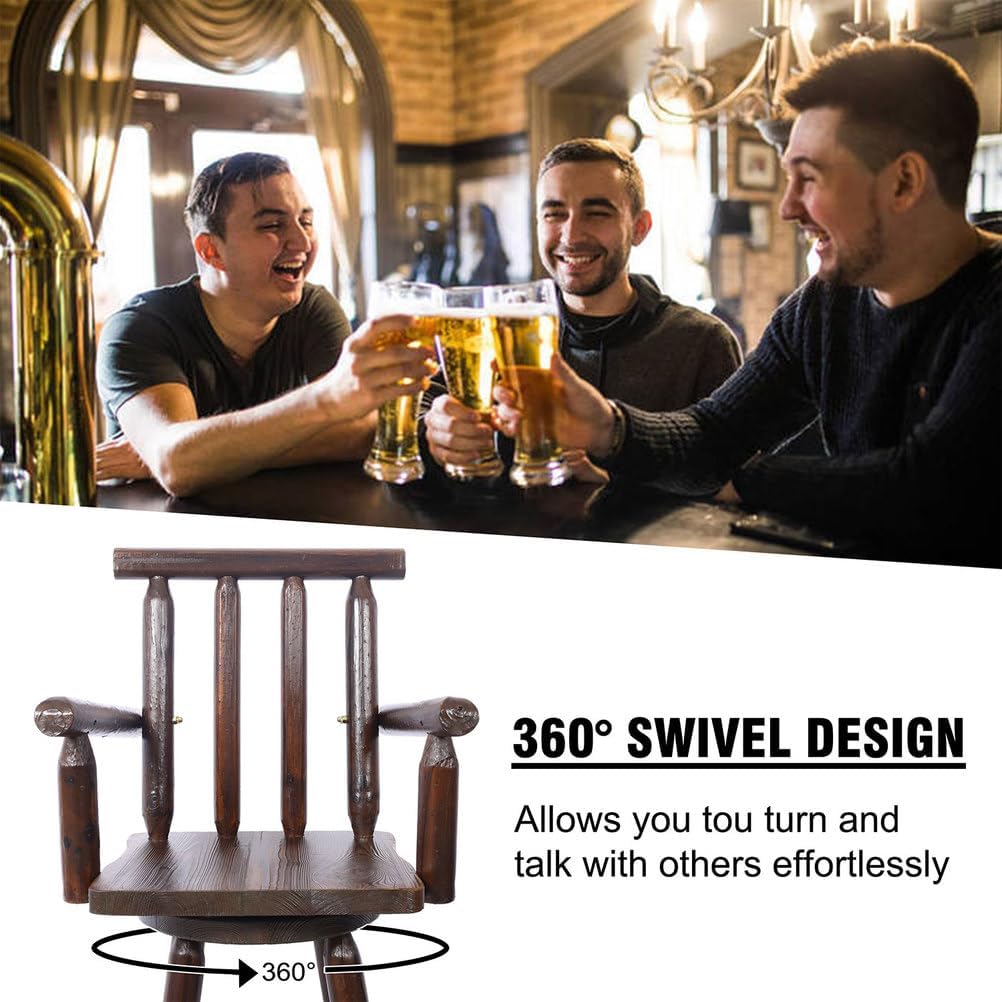 Rustic Log Cabin Swivel Bar Stool – 360° Swivel, Backrest & Armrests, 29.3" Seat Height, 500 lb Capacity, Tall Wooden Bar Chair for Kitchen, Bistro, Pub, Café,Brown
