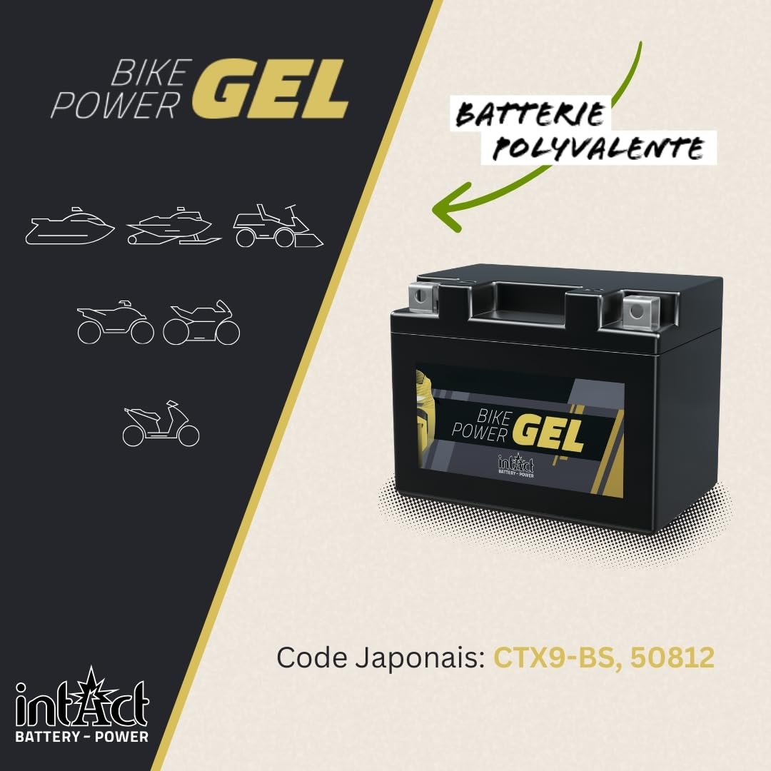 intAct - BATTERIE DE MOTO GEL Bike-Power GEL12-9-BS. Remplace YTX9, YTX9-BS. Batterie moto 12V 8Ah 170A. Dimensions : 150x87x105mm. Avec jusqu’à 30% de puissance de démarrage en plus.