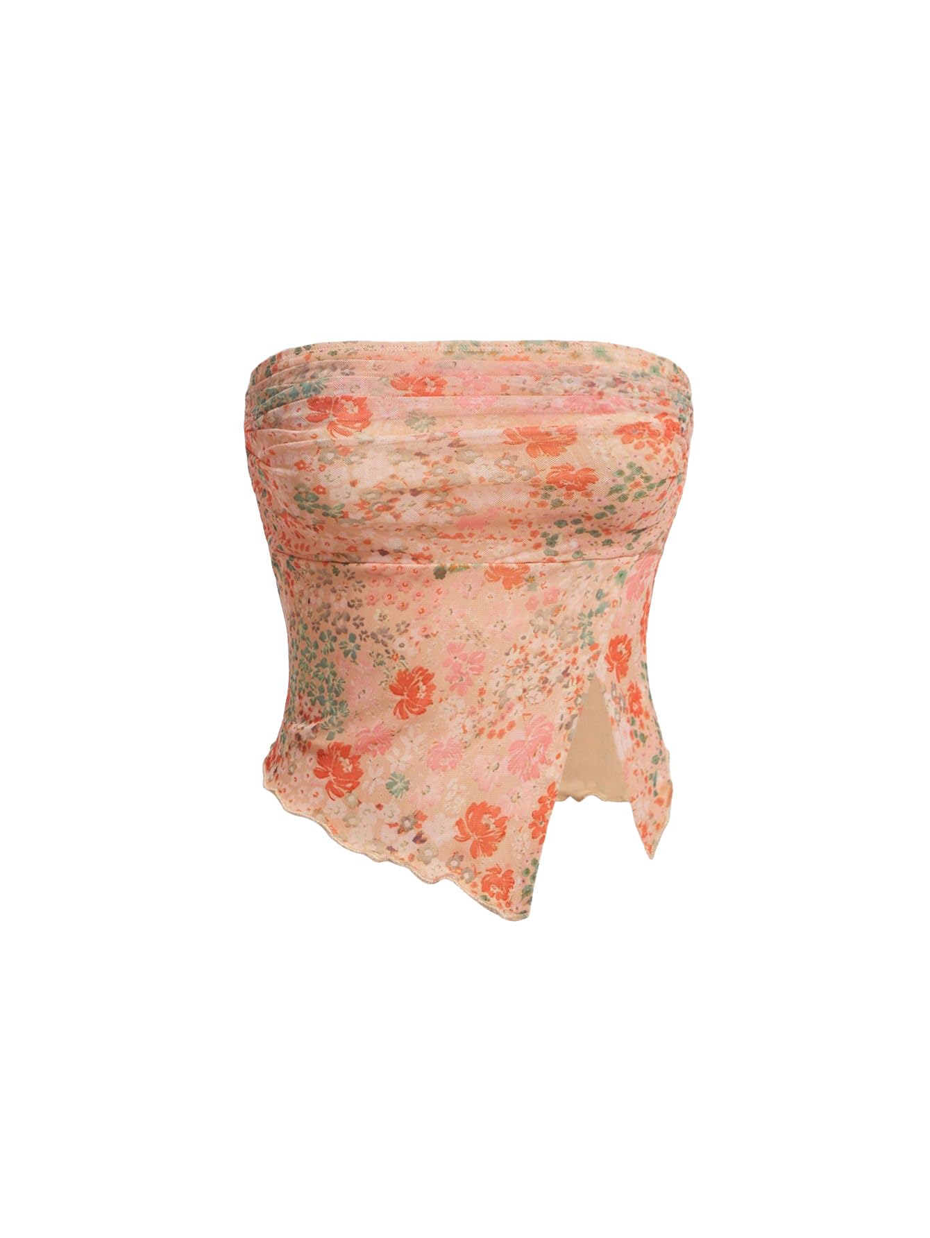 Milumia Women Floral Mesh Strapless Ruched Tube Top Split Hem Sleeveless Bandeau Crop Tops