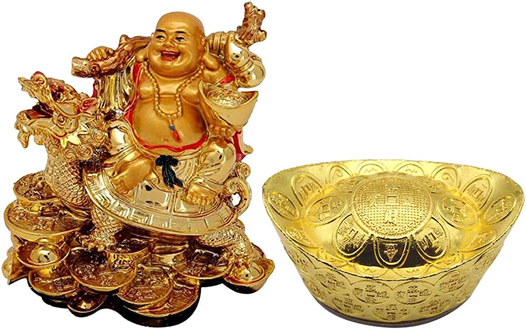 Shoppersduniya Combo of Fengshui Laughing Buddha Sitting on Back of Dragon Headed Tortoise and Metal Ingot for Good Luck and Success Happiness & Prosperity Home D�cor Showpiece (Golden)