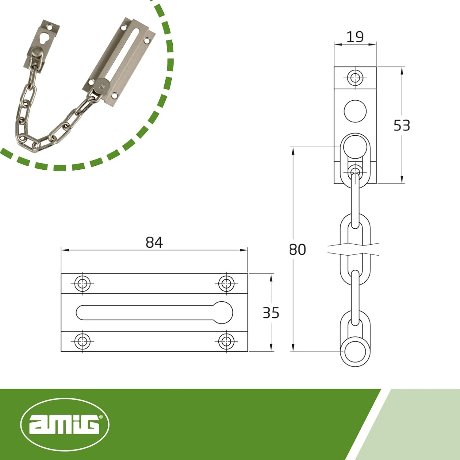 Amig - Security Chain for Doors Mod. 1 - Chain Length: 200 mm - Recessed Handle for Entry Doors - Heavy Duty Steel Links - Silver Brass