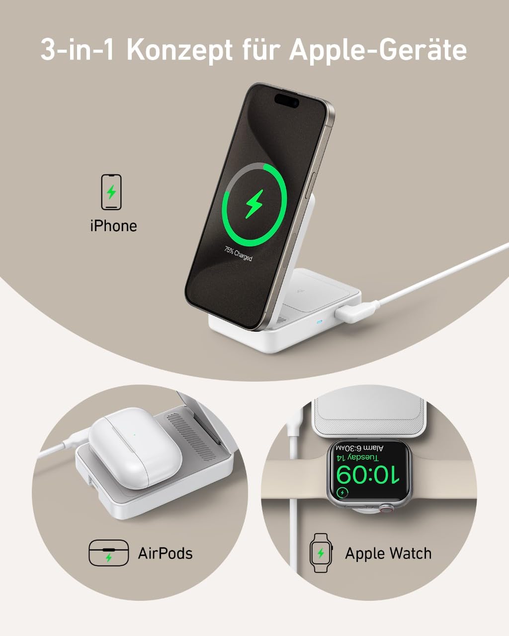 Anker MagGo 3-in-1 Ladestation, Qi2 zertifizierter 15W kabelloser Ladeständer, MagSafe kompatibel, Apple Watch Ladegerät, Für iPhone 17/16/15/14, AirPods, Apple Watch 9 (Mit 40W USB-C Netzteil)