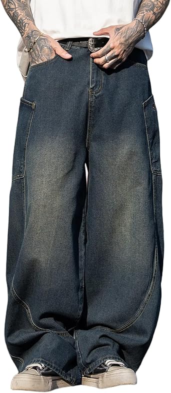 Nutriangee Mens Baggy Barrel Wide Leg Jeans for Men Women Loose Fit Streetwear Y2k Hip Hop Denim Pants