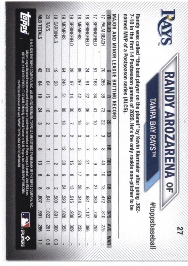 2021 Topps National Baseball Card Day #27 Randy Arozarena NM-MT Tampa Bay Rays Baseball