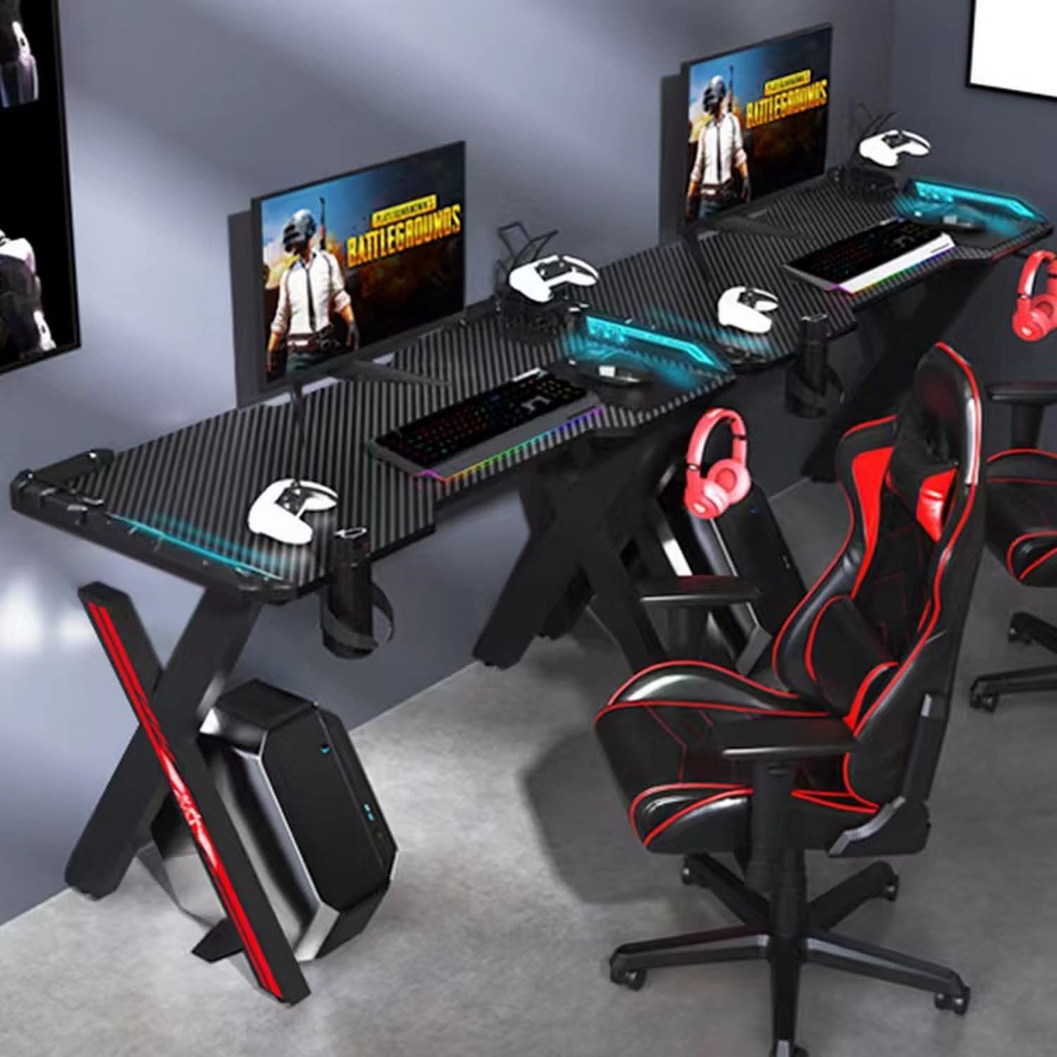 Brigros WeHome - Scrivania Gaming LED RGB, Scrivania Da Gioco Desk Per Laptop Pc, Tavolo Gioco, Scrivania Per Computer E Gaming In Mfc E Superfizie Effetto Fibra Di Carbonio (120x60x75 cm, Red)