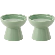 CEEFU Extra Wide Elevated Ceramic Cat Water Bowl - 6.2" Deeper Dish for Whisker Fatigue Relief, 5" Height for Easy Feeding, Lead & Cadmium Free, Durable Raised Cat Bowls, Green Pack of 2