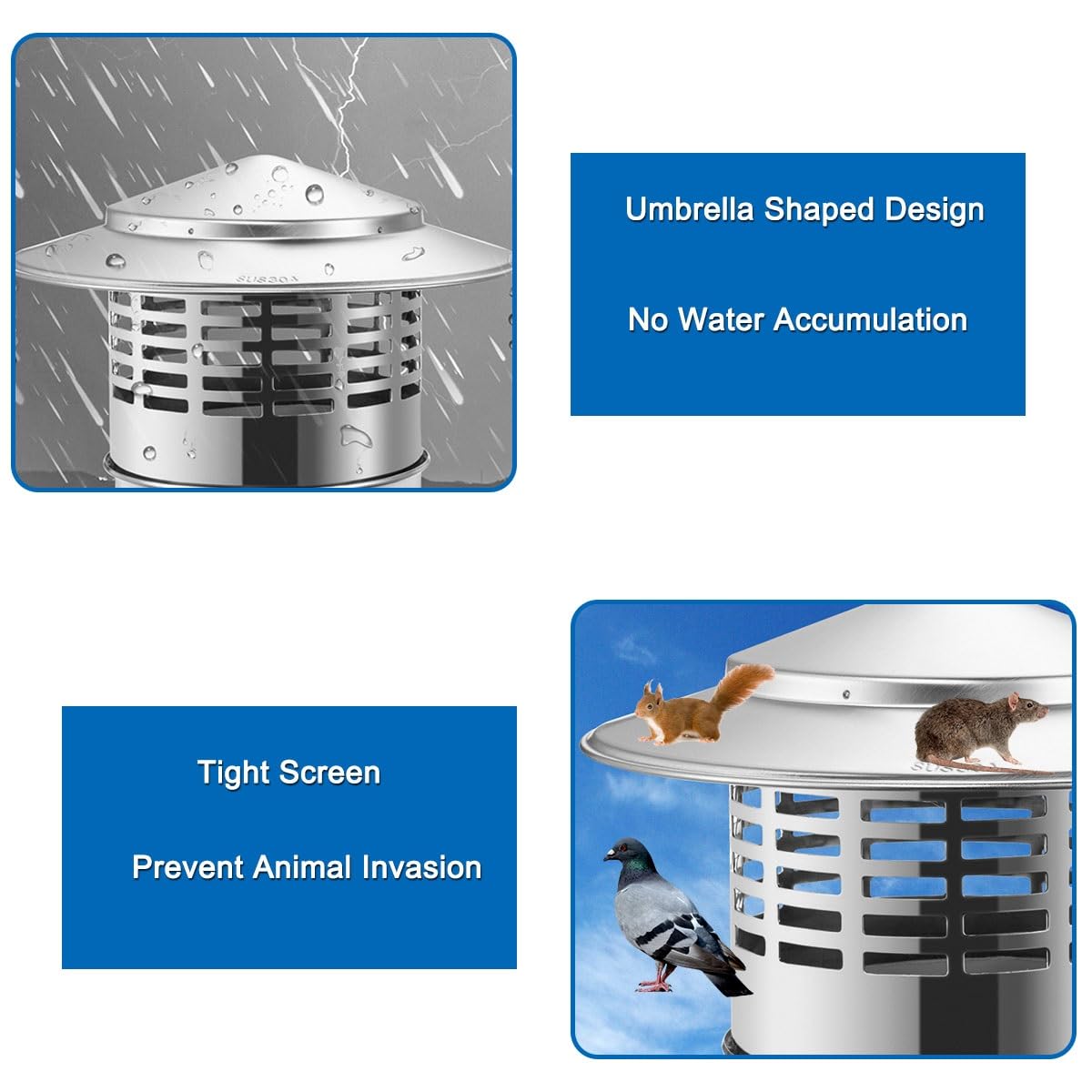 Tapa de chimenea de acero inoxidable 304 con malla, cubierta de ventilación, tapa de lluvia con parte superior cónica para tubo de estufa, tapa de chimenea resistente a la intemperie, protección
