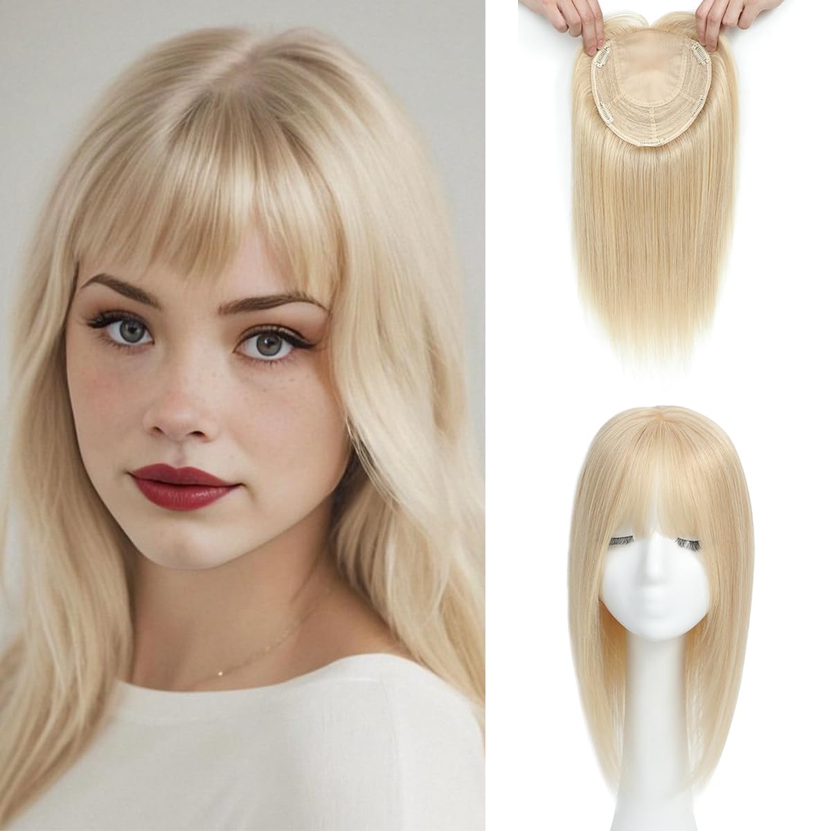 Aimeolyn Hair Toppers for Women Real Human Hair 8x8inch Toppers for Women with Bangs 16inch Skin Scalp Big Base Cover Thinning Hair Loss Top Pieces