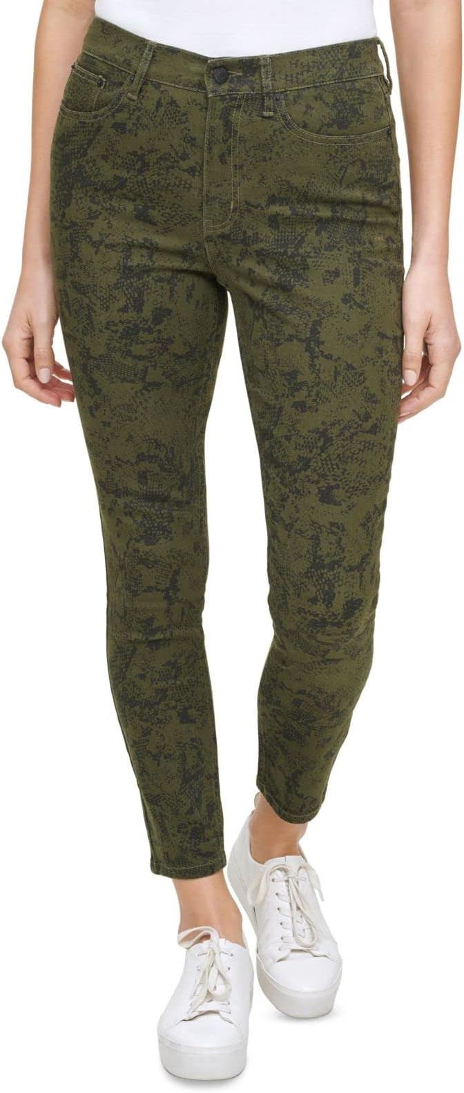 Womens Green Pocketed Zippered High Rise Ankle Animal Print Skinny Jeans 24