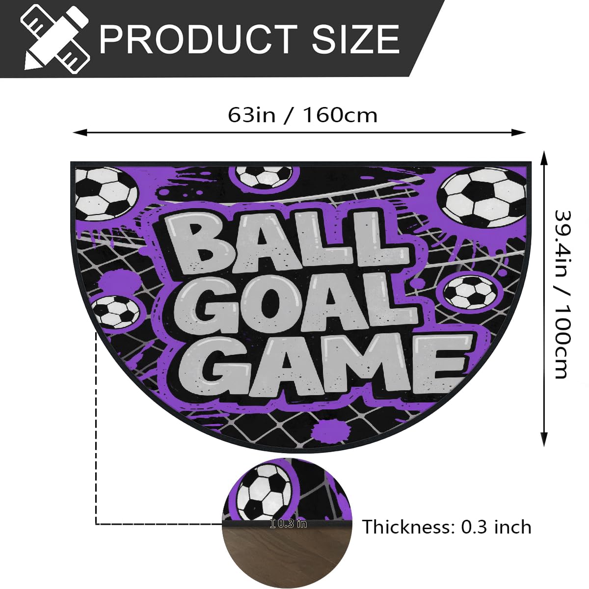 Große halbrunde Fußmatte – Fußballtor, rutschfest, saugfähig, halbrund, Eingangsbereich, niedlich, weich, halbrund, waschbar, Teppich für Küche, Badezimmer, Schlafzimmer, 160 x 100 cm, Lila