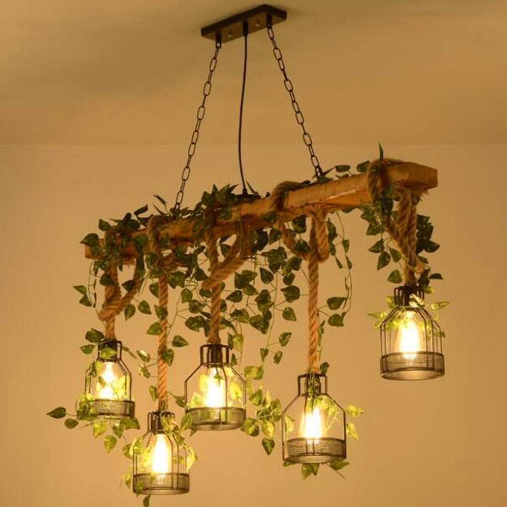 Suspension En Bois Rustique Chanvre Corde Plafond Pendentif Lumière Industriel Suspendu Lumière Rétro Métal Fer Cage Lampe Lustre Pour Cuisine Salon Salle À Manger Restaurant Décoration E27*5