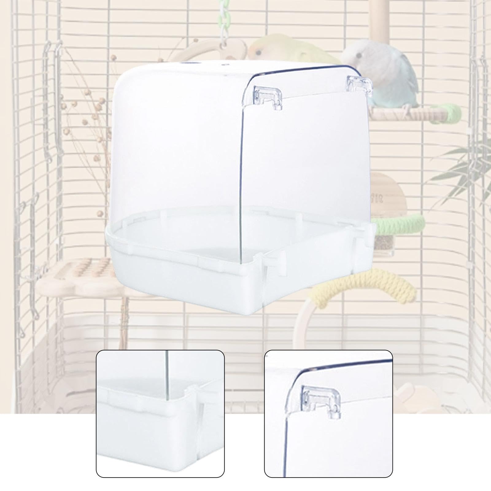 Bain d'oiseaux Transparent et Spacieux pour Cage, Idéal pour Les Perroquets, Perruches Ondulées, Canaris, Inséparables et Calopsittes, Blanc