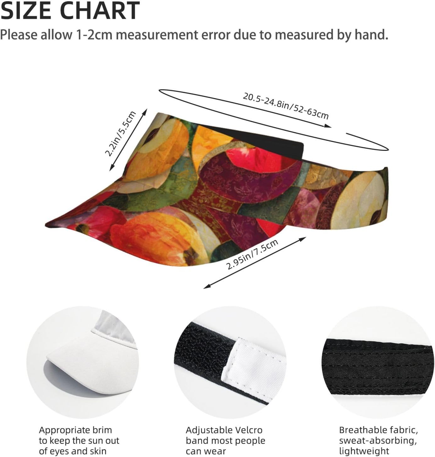 (Cut Apple Patchwork Style) Adult Sun Visor Hat Adjustable Open Top Sports Cap Breathable for Men Women Beach Vacation Essentials Black