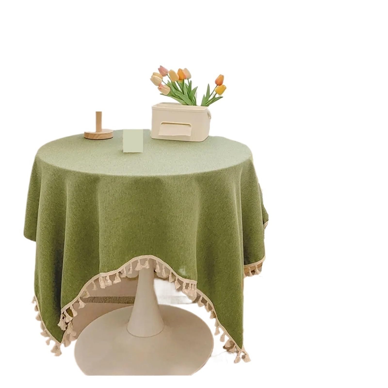ZNTIHZ Rustic Tassels Tablecloth Cotton Linen Wedding Reception Table Cloth Tea Dining Decoration For Wedding Party Banquet(Green,140x140cm)