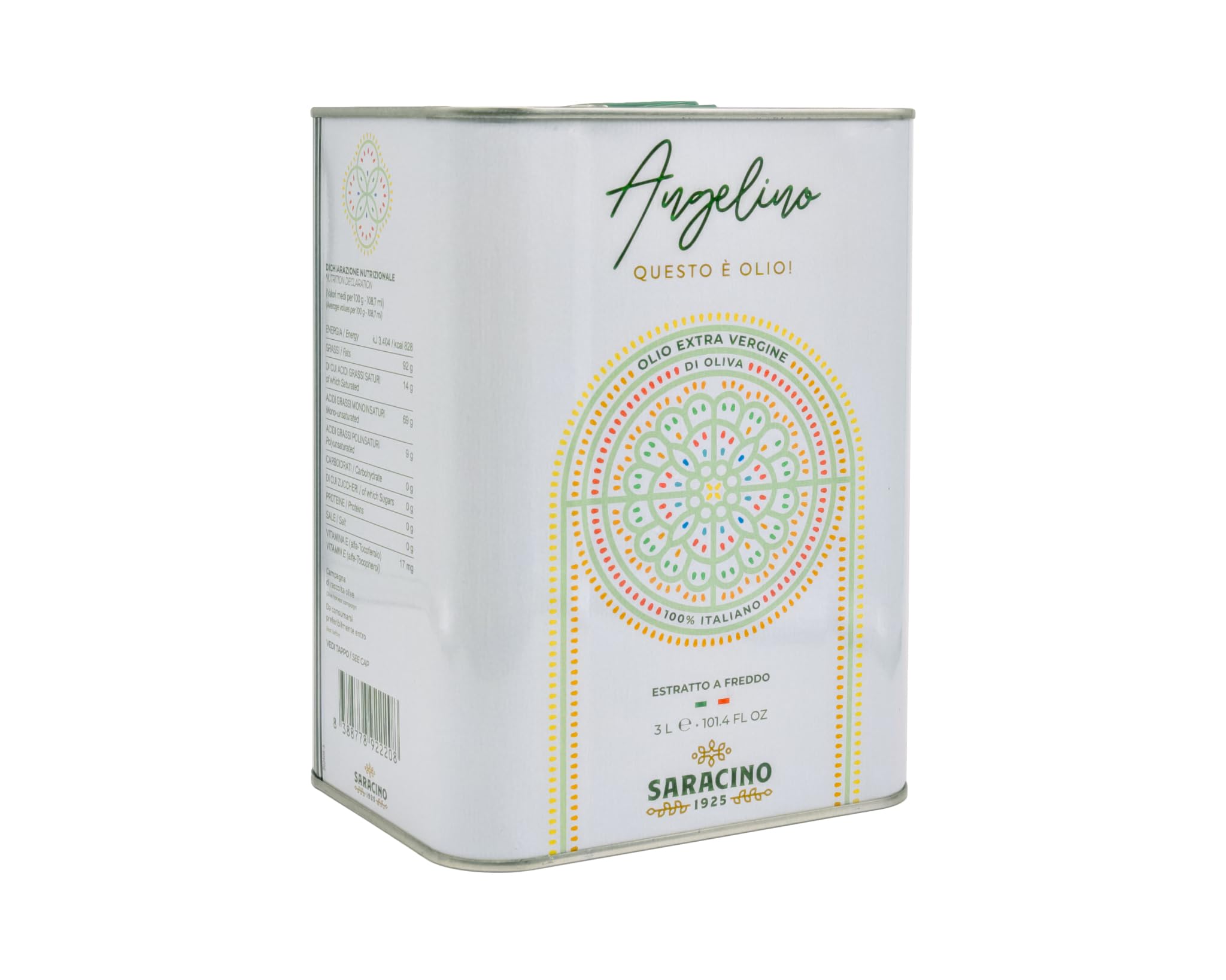 SARACINO 1925 Olio Extravergine di Oliva Italiano 100% – Lattina 3L – Estratto a Freddo – Bassa Acidità <0,4% – Blend Cellina di Nardò, Ogliarola Salentina e Leccino – Olio EVO di Qualità Superiore