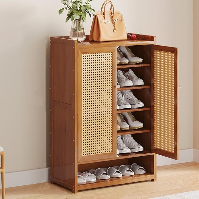 Buffet haut en rotin et grand meuble à chaussures en bambou modulable pour l'entrée