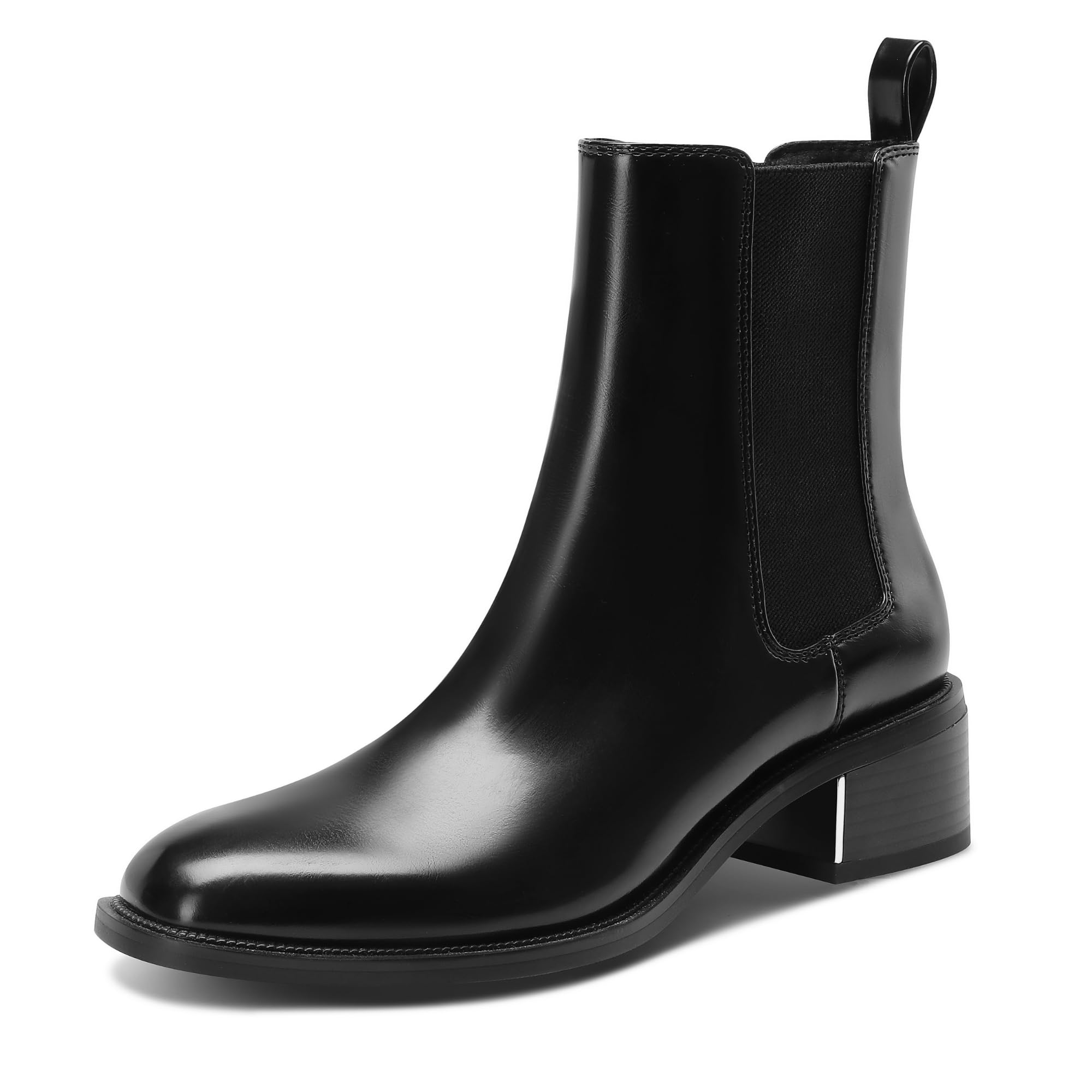 Black Chelsea Boots for Women Slip-On Ankle Boots Elastic with Gold Silver Trim Low Chunky Heel Fashion Fall