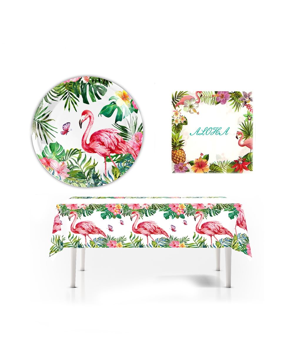 VGRDTW Hawaiian Party Decoration Set -10 Flamingo Plates, 20 Tissues, 1 Tablecloth, Suitable for Tropical Style Beach Parties