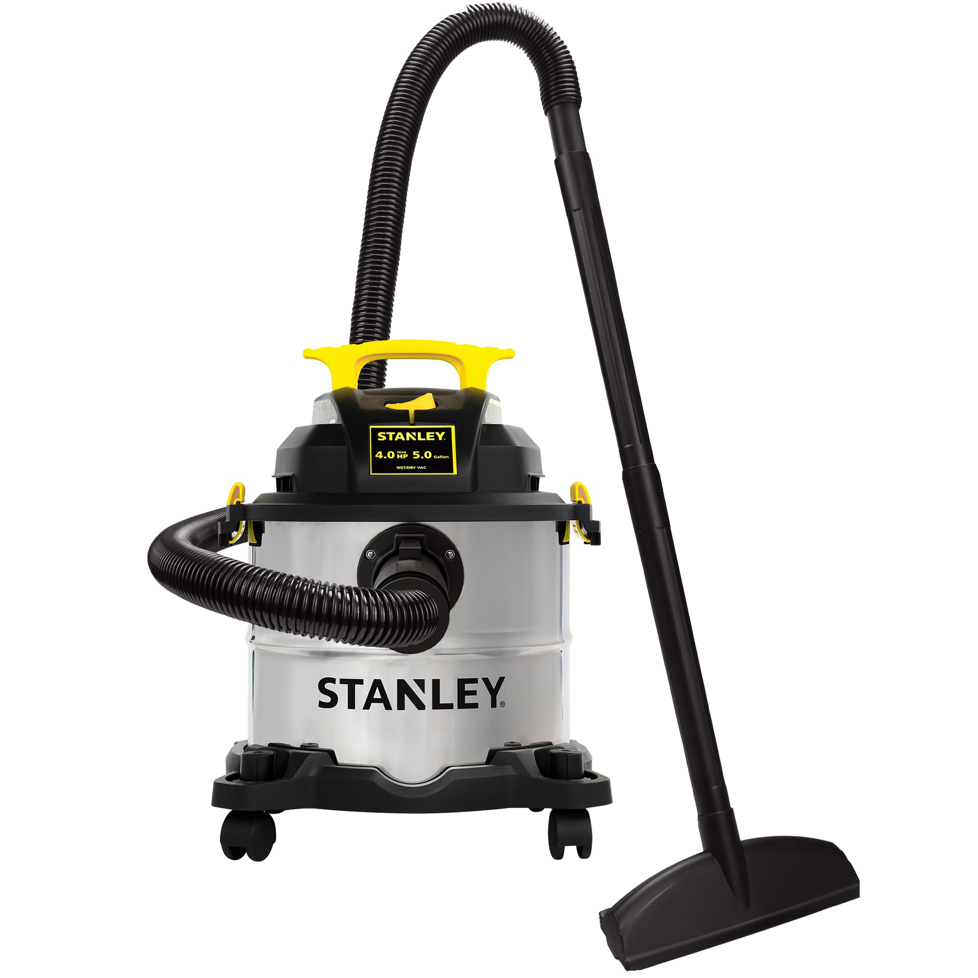 STANLEY Wet/Dry Vacuum SL18115, Stainless Steel Tank, 5 Gallon 4HP Shop Vacuum, Portable Style Ideal for Home/Shop/Jobsite Dust Collection Job with Vacuum Attachments, Silver+Yellow