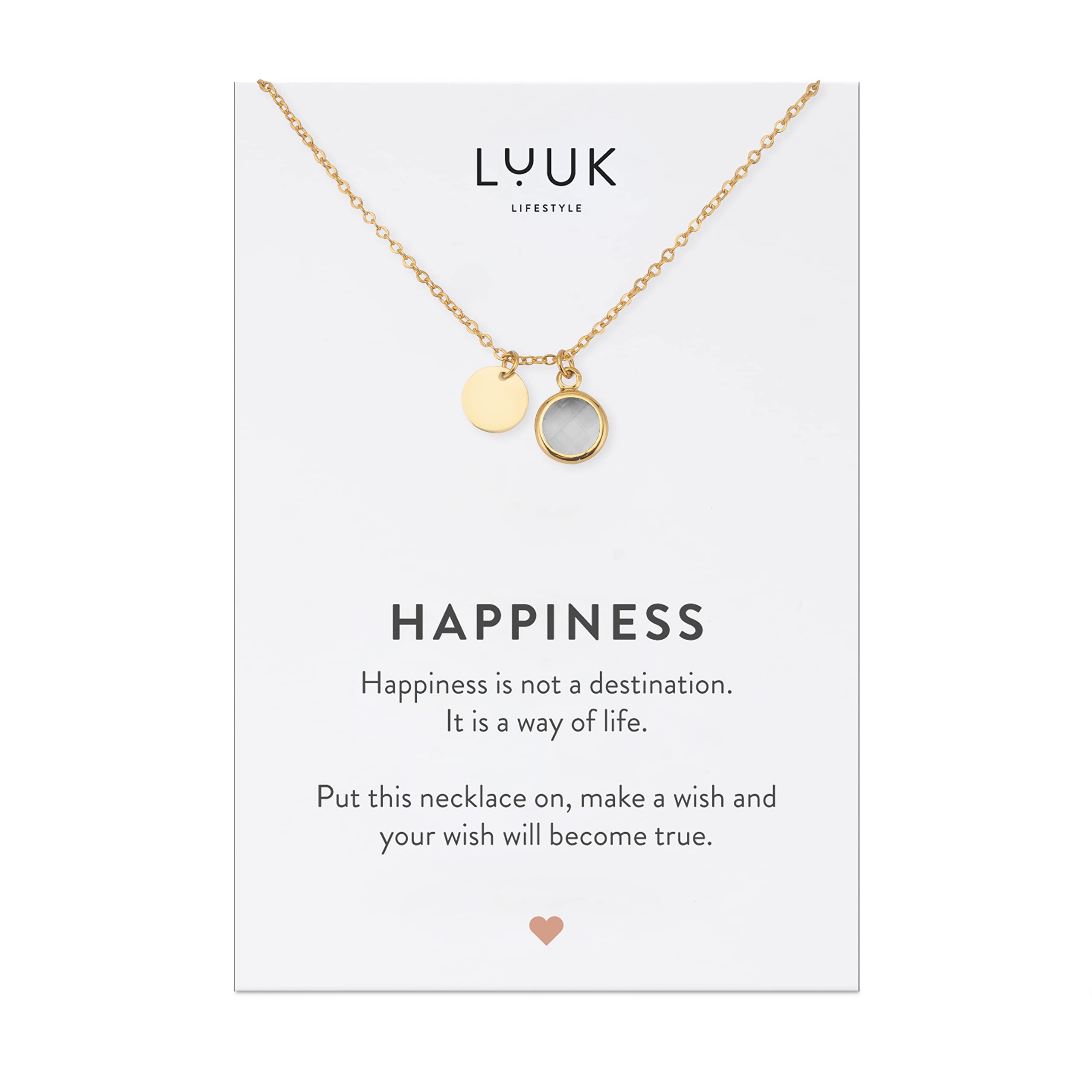 LUUK LIFESTYLE Collar de Acero Inoxidable con Cristal de Colores y Tarjeta Mensaje Happiness, joyería Mujer Moderna, Regalo San Valentín Collar de Piedra Color, Dorado y Plateado