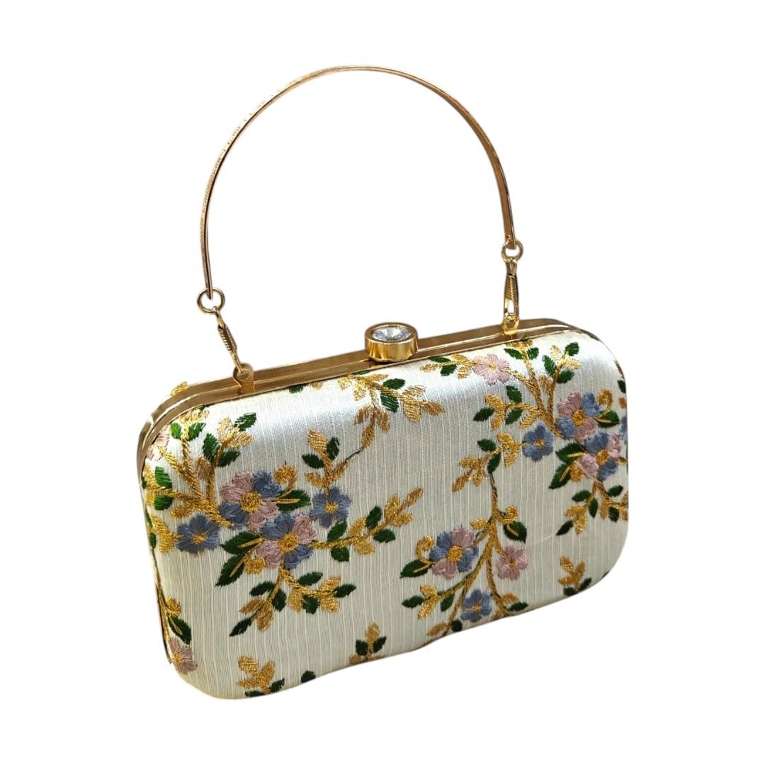 Floral Embroidered Evening Clutch Bag for Women and Girls, Gold Detachable Chain & Handle, Kiss Lock Closure, Multi-Colour, Ladies Purse Handbag/Clutch Purse for Women-picture-17