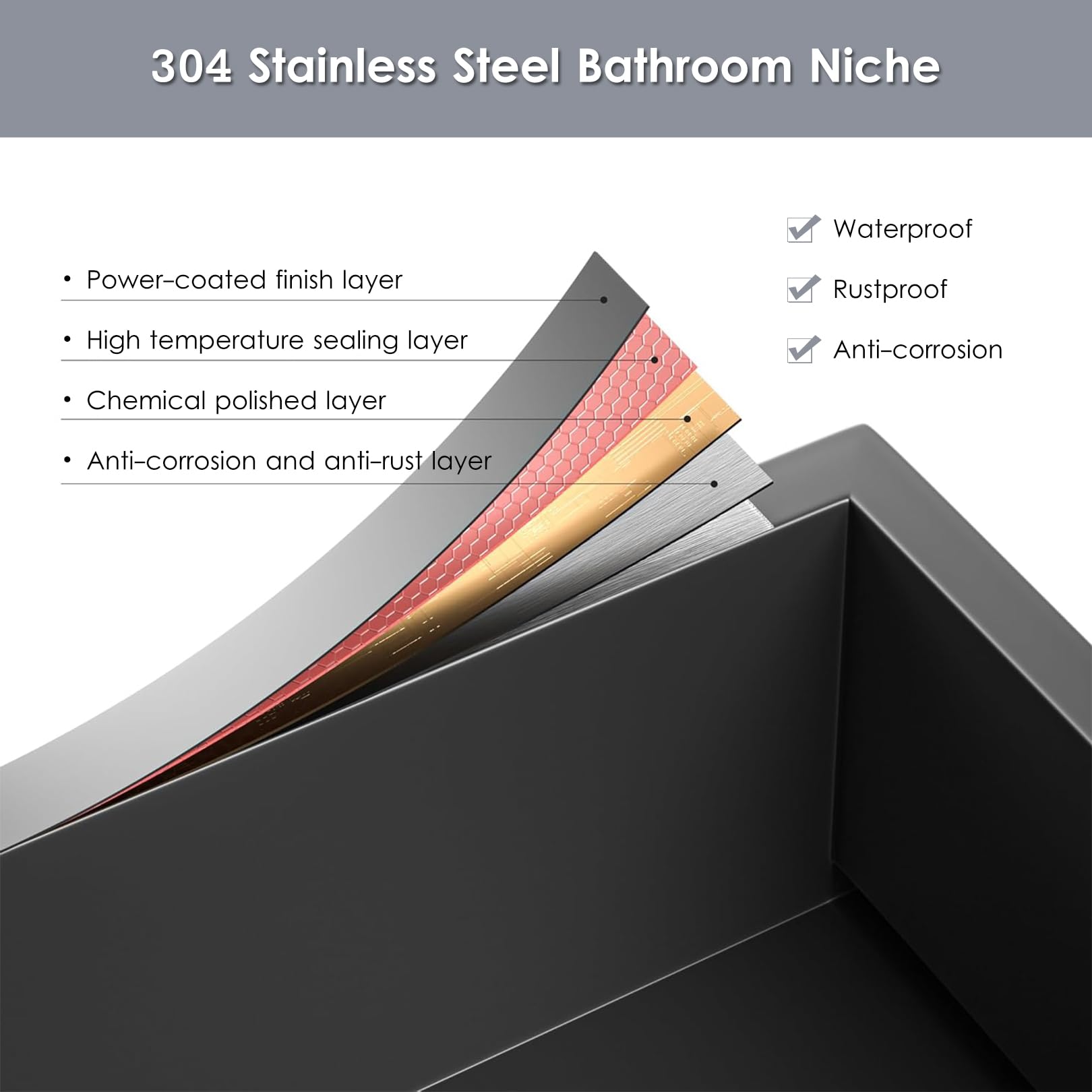 Nicho de Ducha LED Acero Inoxidable Negro Mate Empotrado para Baño