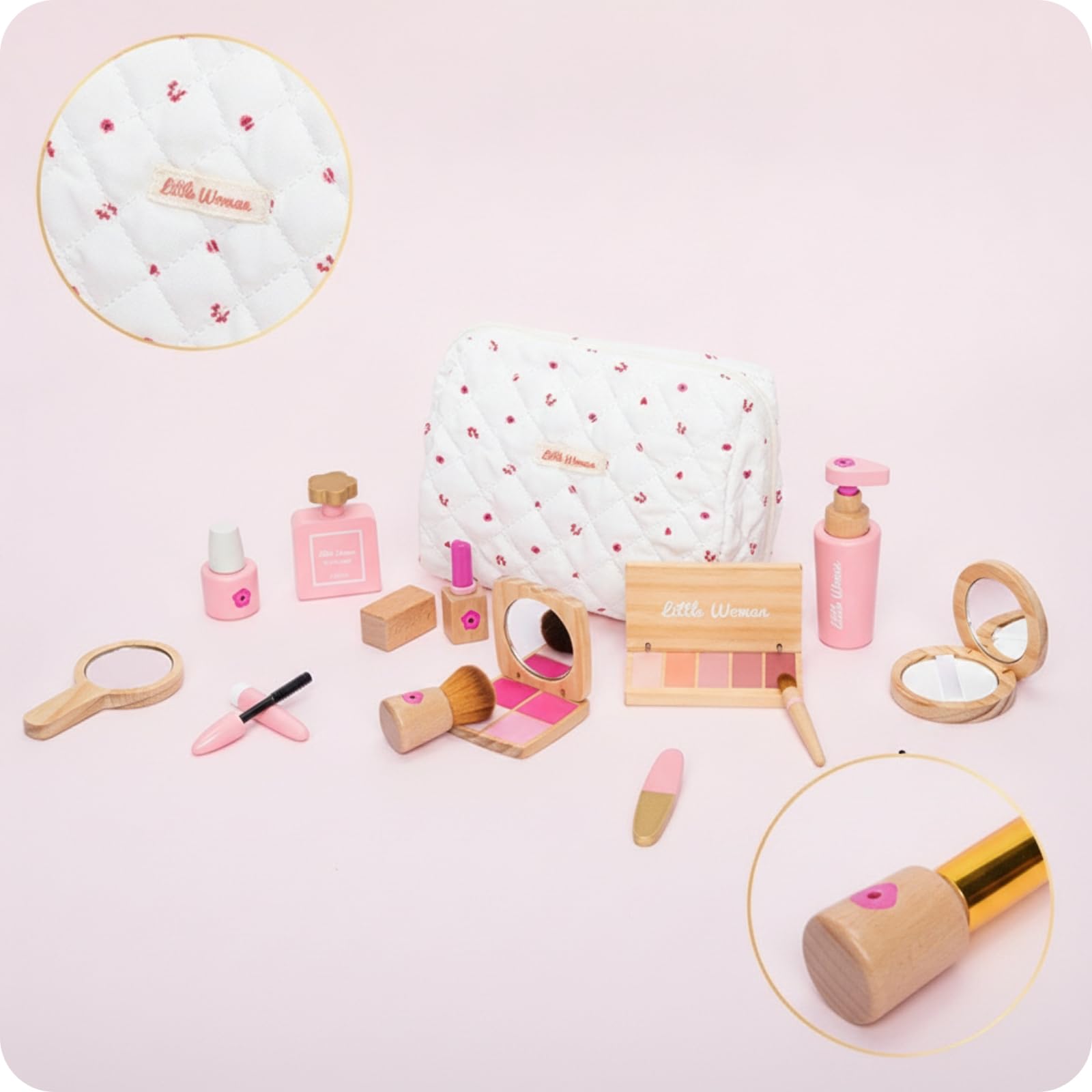 Amagogo Set Trucco Finta per Bambine Kit Cosmetico Gioco Trucco con Specchietto Pennelli Palette Rossetto Eyeliner Smalto Profumo in Legno con Custodia