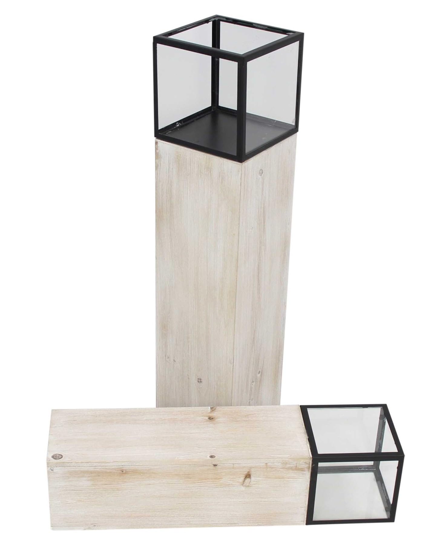 Dekoleidenschaft 2X Windlichtsäule Modern Shabby aus Holz, Metall & Glas, 60 + 78 cm hoch, Kerzenhalter, Kerzenständer, Dekosäule für Wohnzimmer, Holzsäule mit Kerzenglas, Boden-Windlicht