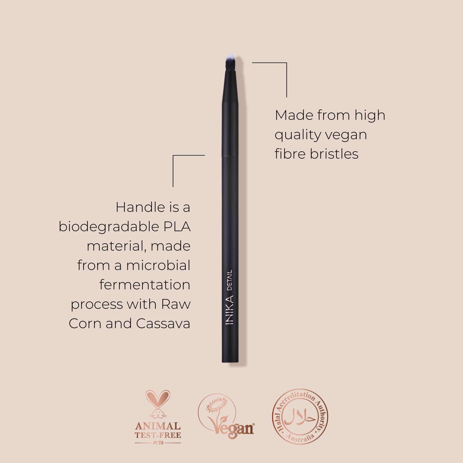 INIKA Detail Brush | Tapered Fluffy Vegan Bristles, Precise Eye Makeup and Concealer application. Powder eyeshadows, Liquid Coverups. Sustainable Cosmetics Brush