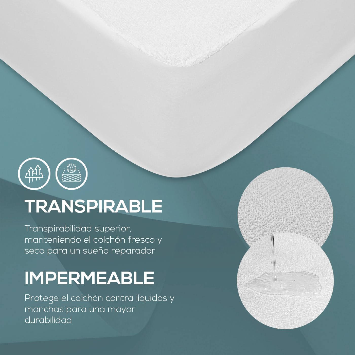 Duérmete Online - Funda Protector Rizo Ajustable para Colchón, Impermeable y Transpirable, Tacto Suave, Tejido Algodón Natural, Antiácaros y Antibacterias, Blanco, 135 x 190