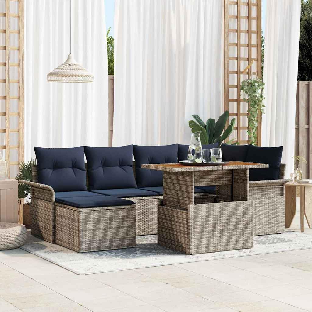 Set di mobili da giardino con vano portaoggetti, divano in polyrattan, 7 pezzi, grigio | Set da salotto modulare per terrazza e giardino con pratici scomparti e comodi cuscini in blu navy.