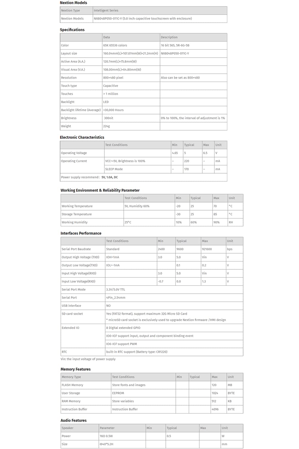 Nextion inteligente pantalla 5" pulgadas NX8048P050-011C-Y táctil capacitiva 800x480 Serial HMI LCD-TFT módulo con carcasa Soporte de audio y video