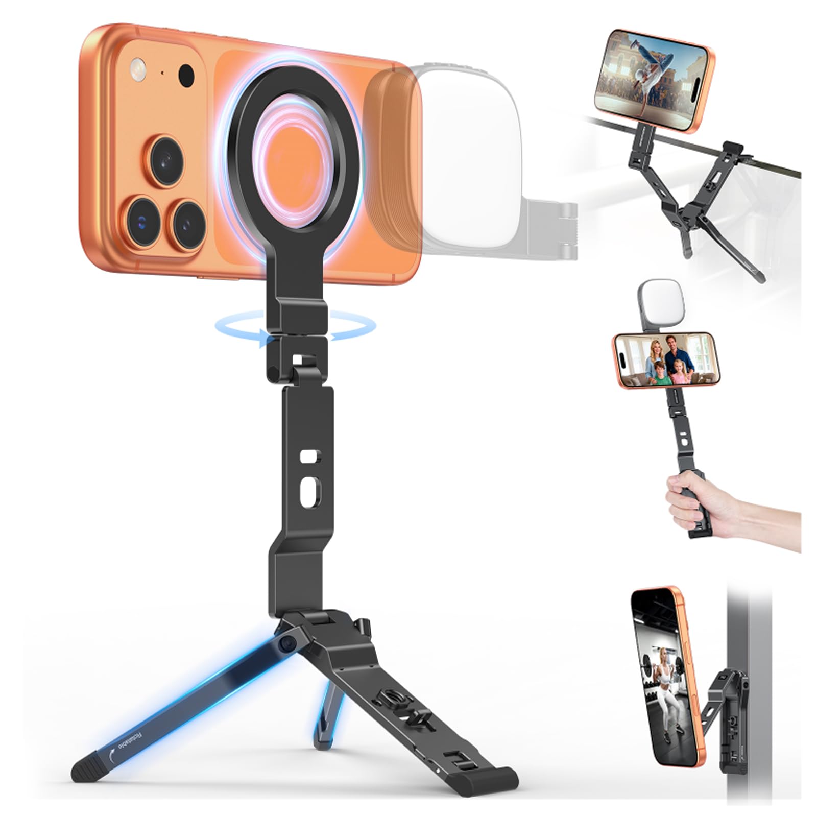OMOTON TP03 [Ultra-Slim] for MagSafe Tripod, 360°Rotating Magnetic Phone Tripod for iPhone 17/16/15 Pro Max Air, Foldable Cell Phone Stand with 1/4" Screw & Hook Fits Vlog, Gym, Travel Essentials-image-20