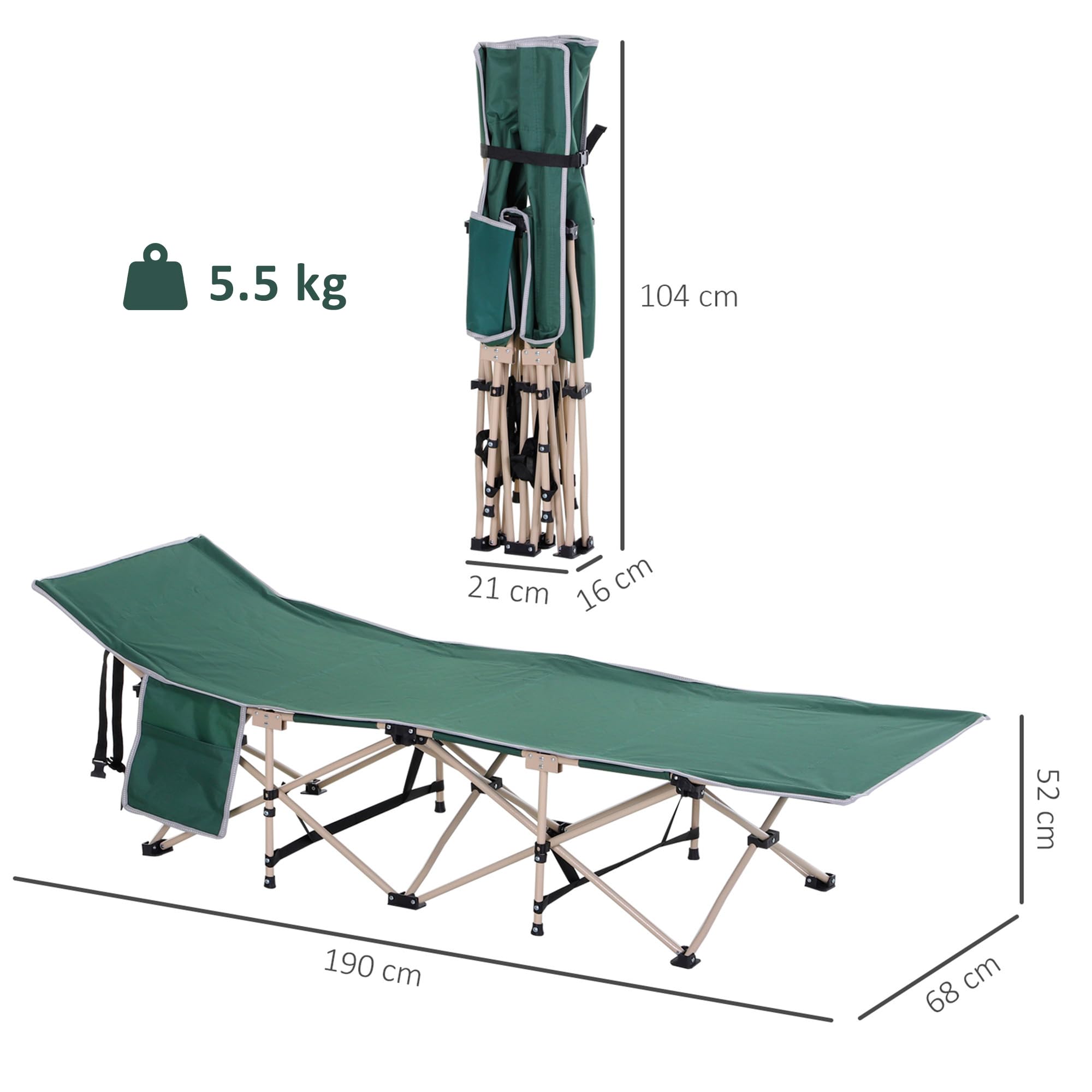 Outsunny Lit de Camping Pliable, lit de Camp pour Adultes, Cadre en Acier Sac de Transport Inclus Charge Max. 150 kg 190 x 68 x 52 cm