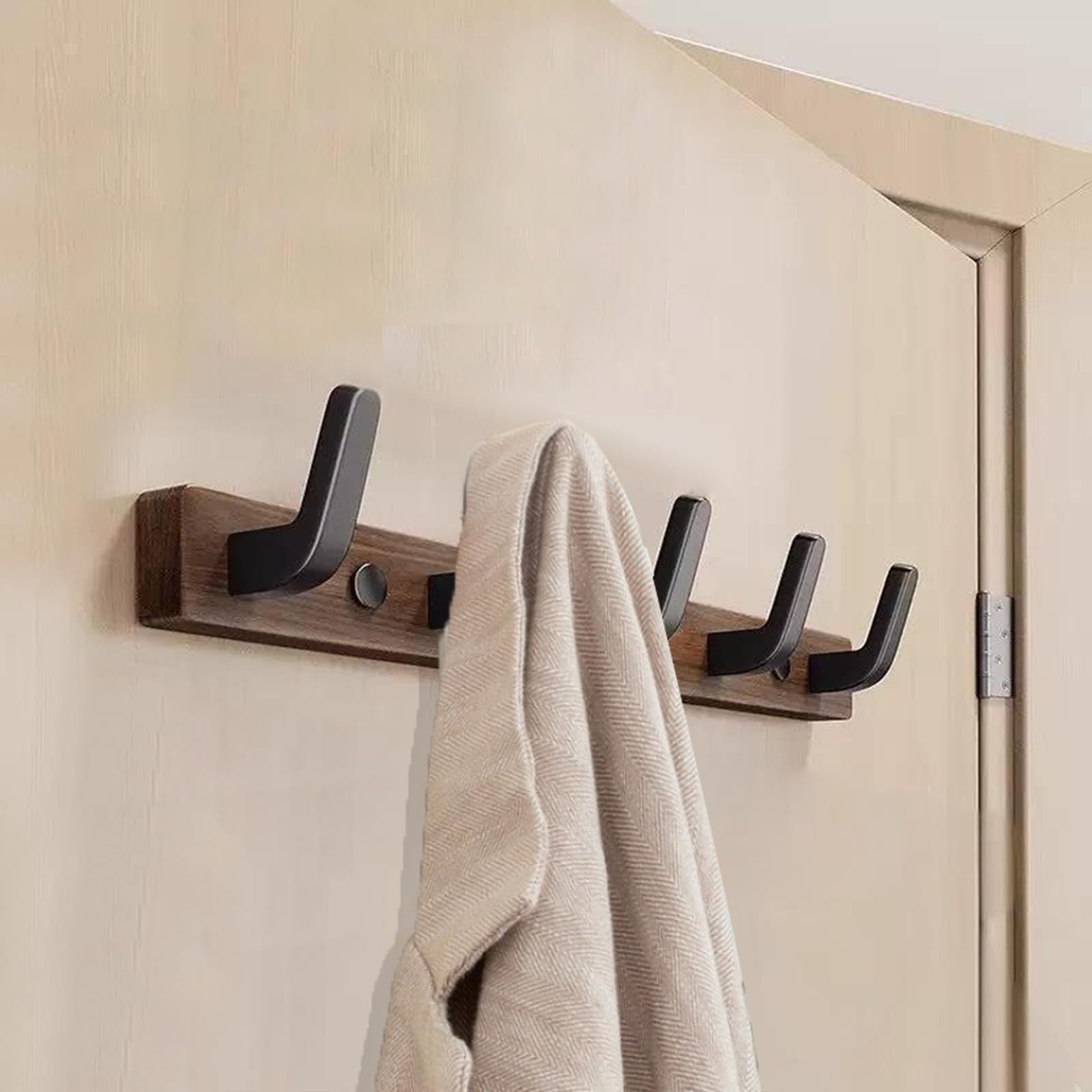 Lxoraziy Wall-Mounted Coat Rack - Walnut Coat Rack Hook, Heavy Duty Wooden Wall Coat Hanger with 5 Coat Hooks for Hanging Coats, Hats, Clothing, Scarfs