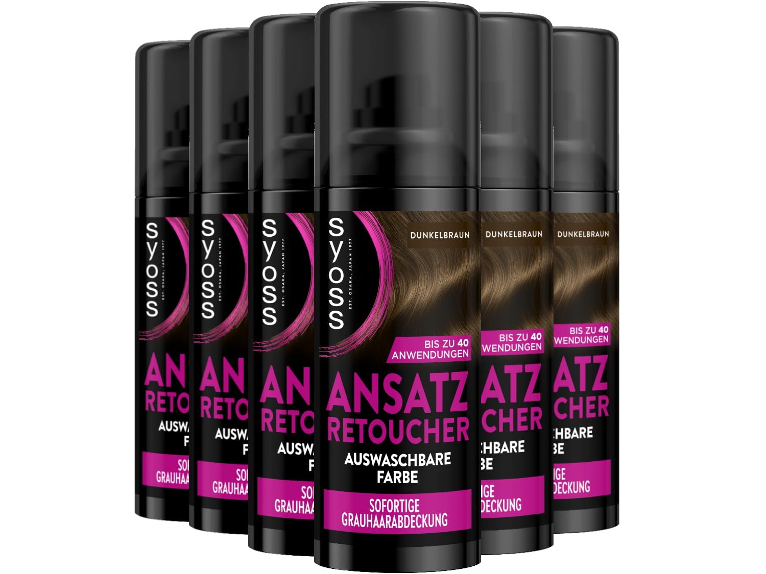 SYOSS Ansatz Retoucher Kaschierspray Dunkelbraun (6x 120 ml), Ansatzspray deckt helleren und grau nachwachsenden Ansatz ab, schweiss- & regenfeste auswaschbare Haarfarbe bis zu 40 Anwendungen