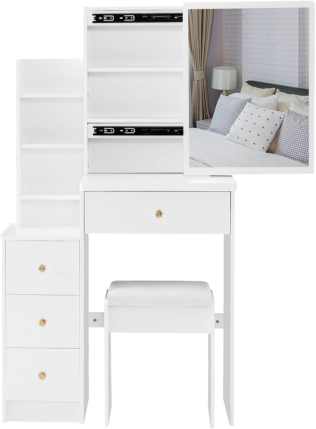 Small Bedroom Vainity Desk Sets with Sliding Mirror,2025 New American Design Makeup Vainity Table Sets with Storage Shelves and Drawers(White)