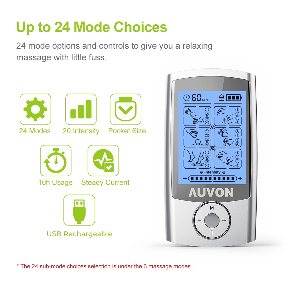 AUVON TENS electrostimulation appareil, un stimulateur musculaire anti-douleur rechargeable, avec 24 programmes d'entraînement, 2 canaux et 10 électrodes brevetées de haute qualité de 2" x 2"