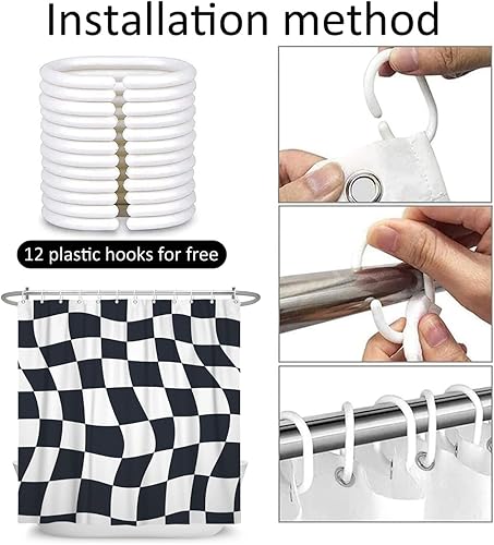 Miniatura 9 de Cortinas de ducha a cuadros para baño, cortina de ducha en blanco y negro, 60 pulgadas de ancho x 72 pulgadas de alto, bonita cortina de ducha retro