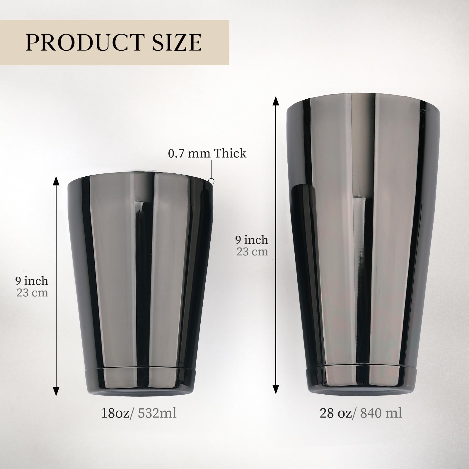 Kit Cocktail | Boston Cocktail Shaker 18 & 28 oz | fondo ispessito | set da barman in acciaio inox alimentare 304 di alta qualità. (Nero)