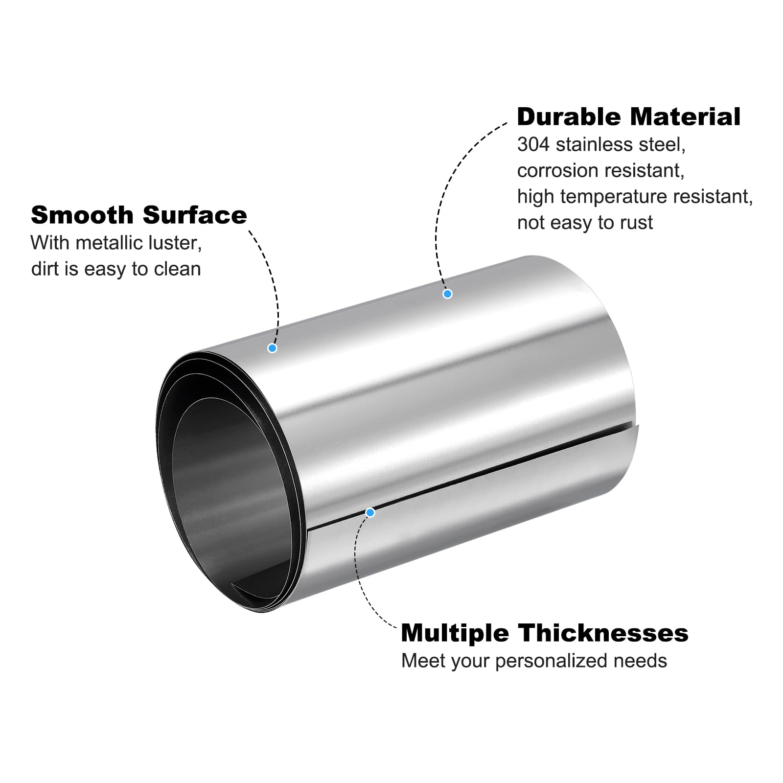 sourcing map 304 Inox Acier Feuille Rouleau，0,3 mm x 100 mm x 1M Poli Finition Métal Bande Plaque Feuille pour Artisanat, Électronique Équipement, Argent Ton