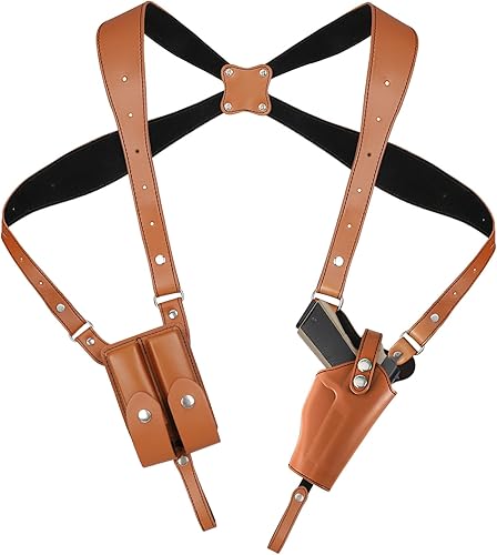 Funda de Hombro General Vertical Funda de Pistola de Cuero Ajustable para Transporte Oculto con Doble Bolsa de Cargador Ajustable para Glock 1911 y