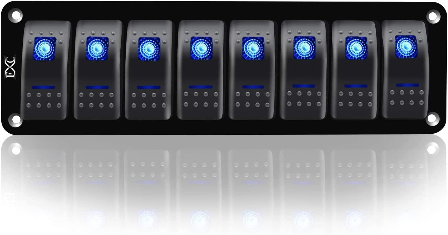 FXC Rocker Switch Aluminum Panel 2 3 4 5 6 8 Gang Toggle Switches Dash 5 Pin ON/Off 2 LED Backlit for Boat Car Marine (8 Gang Blue)